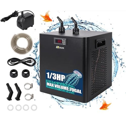 Aquarium Chiller 79 Gal 300L, 1/3 HP Water Chiller for Cold Plunge | Hydroponic Cooler Fish Tank Cooling System for Axolotl Coral Reef Shrimp with Pump and Pipe