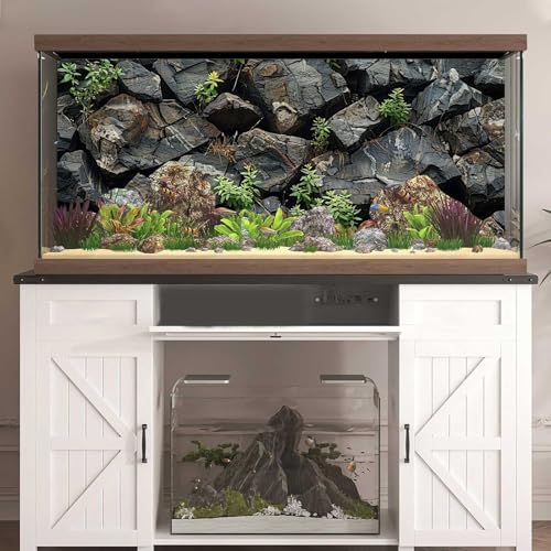 Stone Aquarium Background, Underwater Rock Plant Fish Tank Background Rocky Terrarium Background Black, Polyester Background with 6 EVA Double-Sided Tapes 36x18 inches/90x45 - color: Rock, size: 36"L x 18"W