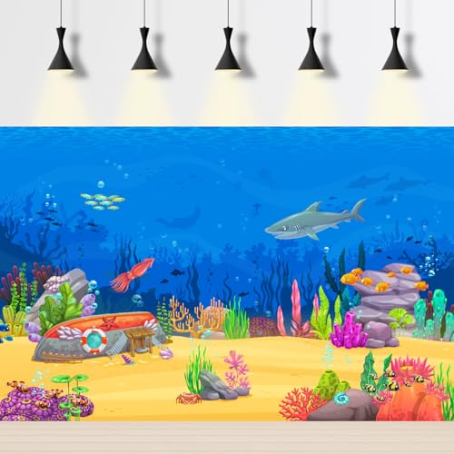 Underwater Cartoon Landscape Aquarium Background Adventurous Sea Scene Shark Sunken Boat Squid Fish Shoal Terrarium Background Deep Blue Sea Marine Life Game Level Fish Tank Backdrop Vinyl 24x12in - color: Cartoon Yellow, size: 24(W)x12(H)in
