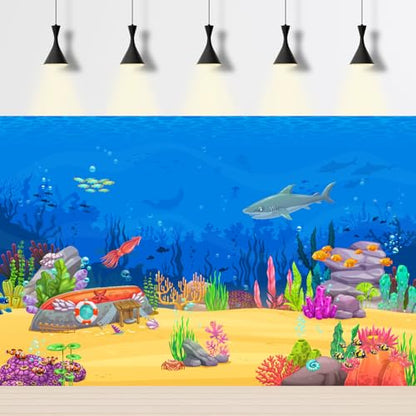 Underwater Cartoon Landscape Aquarium Background Adventurous Sea Scene Shark Sunken Boat Squid Fish Shoal Terrarium Background Deep Blue Sea Marine Life Game Level Fish Tank Backdrop Vinyl 24x12in - color: Cartoon Yellow, size: 24(W)x12(H)in