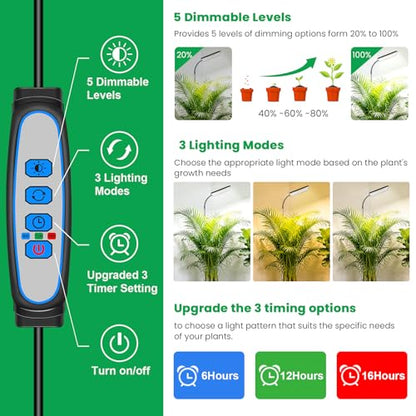 Plant Lights for Indoor Growing, 306LEDs Full Spectrum Grow Light | 7.9in Grow lights, 10-65in Height Adjustable for Growing Large Plants, 6/12/16 Timer,5 Dimmable Levels, 3 light Modes.2 Pack - size: 2 Pack