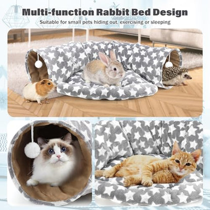BWOGUE Bunny Tunnel Bed, 2-in-1 Collapsible Rabbit Tunnel Hideout with Mat | Removable Mat for Washing, Ball Toy for Play, Tunnel Tubes for Hiding, Gray Star Soft Suede Fabric, Cats Rabbits Guinea Pigs - color: Greystar