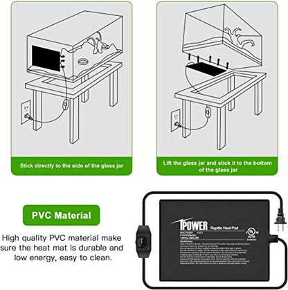 iPower 6 by 8-Inch Reptile Heat Mat with Temperature Adjustable Controller Knob, LCD Digital Aquarium Thermometer, Under Tank Warmer Terrarium Heat Pad for Reptiles and Amphibians - size: 6 X 8 Inch, style: Pad with Adjust Knob+ Thermometer