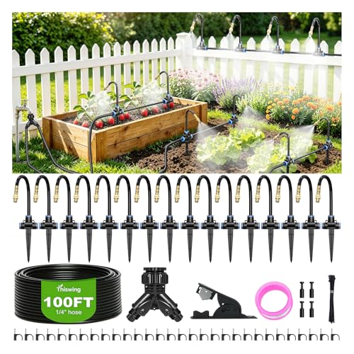 Thiswing 100 FT 360° Adjustable Irrigation System with Stake Holders | 1/4" Tubing, 16 Nozzles, Automatic Watering Misting System, Sprinkler for Garden, Raised Bed, Lawn, Plants - size: 100FT