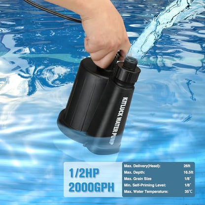 KITLUCK Submersible Water Pump, 1/2HP Thermoplastic Sump Pump, Portable Utility Pump with 10ft Cord, Hose Adapter, 2000GPH High Flow Water Removal for Swimming Pool, Garden Pond, Flood Basement, Tub - style: 1/2 Submersible Pump