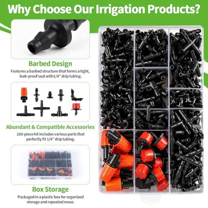 RedChili 260 Pack Drip Irrigation Fittings Kit for 1/4" Tubing, Complete Set with Drip System Barbed Connectors (Misting Nozzles, Nozzle Tees, Single Barbs, Couplings, Tees, Elbows, Plugs, Crosses) - size: 1/4" Connection Kit-260P