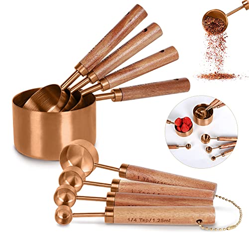 Collection 8 Piece Rose Gold Measuring Cups Set and Measuring Spoons, Golden With fragrant wood Handles-Complete Set of Measure Cups and Spoons For Cooking and Baking. - color: Copper