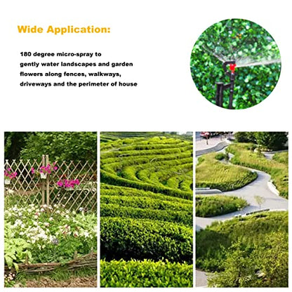 Drip Irrigation Micro Spray Emitter on 20 inch Stake with 1/4" Tubing and Barbed Coupler 180° Half Circle Pattern, 8.5’ Spraying Distance - size: 9 Sets 180° Micro Spray Emitters