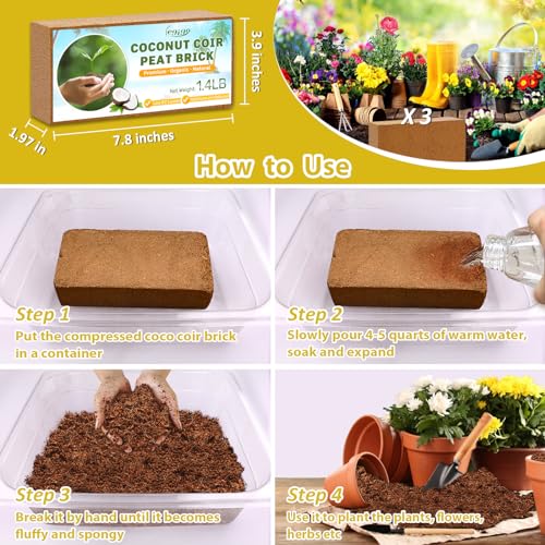 3 Pack Organic Coco Coir Brick for Plants, Natural Coconut Coir Soil | Moisture Retention, Coconut Fiber Substrate for Seed Starting, Soil Amendment, Potting Mix, Gardening, Composting & Reptile - size: 3 Pack