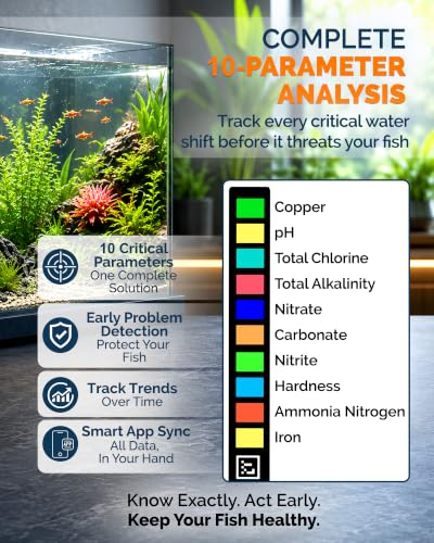Digital Aquarium Water Test Kit, App-Enabled 10-in-1 Fish Tank Test Kit for Freshwater & Saltwater, Aquarium Test Strips for Fish Tanks, Reef, pH, Ammonia, Nitrate, Nitrite, GH, KH, Chlorine