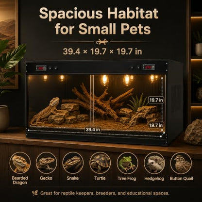 Reptile Tank Terrarium 39.4 x 19.7 x 19.7 in, Dual Digital Temperature Control PVC Reptile Enclosure with Semi-Clear Front Window & E27 Lamp Holders for Geckos, Snakes, Turtles, Bearded Dragons, Black