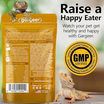 4oz Reptile Bee Pollen. Enhanced with Organic Fruits. Made in USA | Premium bee pollen powder with organic papaya & mulberry! Entices picky reptiles while delivering vitamins & amino acids