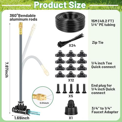 49.2Ft 1/4" Drip Irrigation System 360° Watering Misting System | Garden Bendable Watering Atomizing System with 12 Nozzles for 1/4 inch Irrigation Tubing(Include 49.2Ft 1/4" Tubing) - size: 49.2FT 1/4" Tubing