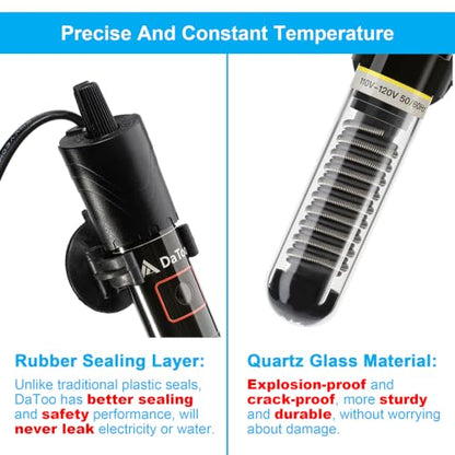 DaToo Mini Aquarium Heater 50W Small Fish Tank Heater 50 Watt with Free Thermometer Sticker(50W) - size: 50W