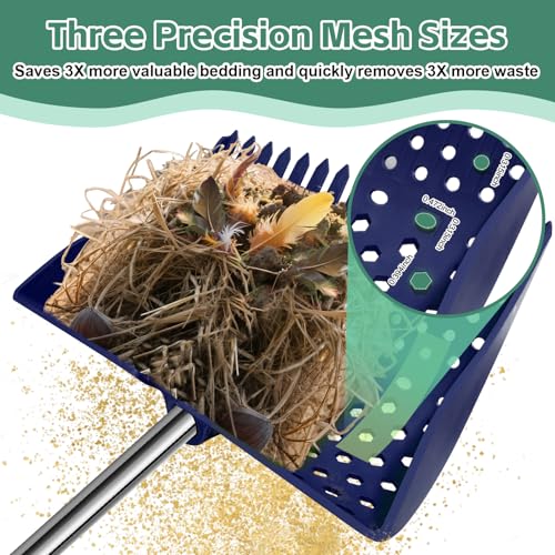 12" 2-in-1 Chicken Poop Scooper & Rake, 3-Shape Sifting Holes Chicken Coop Rake, Stainless Steel Handle (20–61") - Litter Scooper & Sand Sifting Shovel (U.S. Patent No. D1124534) - Blue - color: Blue