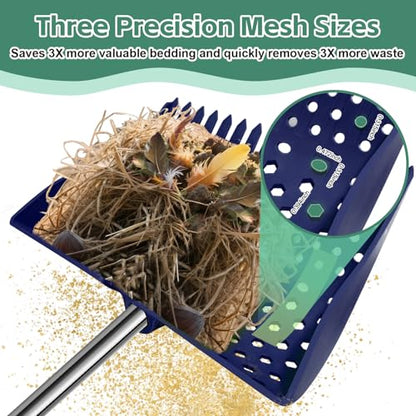 12" 2-in-1 Chicken Poop Scooper & Rake, 3-Shape Sifting Holes Chicken Coop Rake, Stainless Steel Handle (20–61") - Litter Scooper & Sand Sifting Shovel (U.S. Patent No. D1124534) - Blue - color: Blue