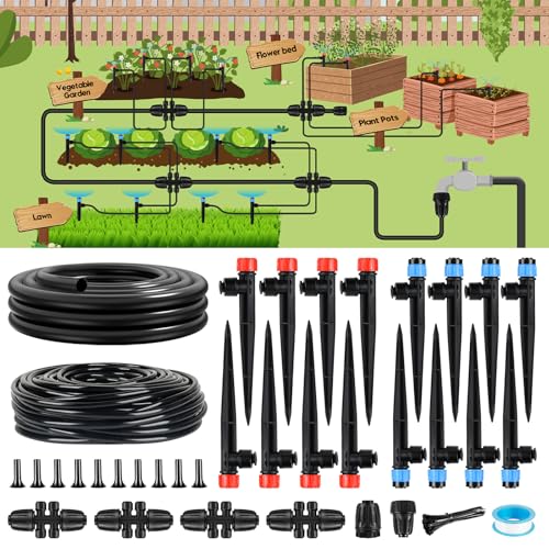 110FT Drip Irrigation System for Garden, Quick-Connect Automatic Garden Watering System with 1/2" & 1/4" Tubing and Accessories - Adjustable Sprinklers Kit for Greenhouse, Yard, Lawn, Raised Bed - size: 110FT（17FT 1/2" Main Line +93FT 1/4" Tube）