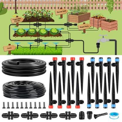 110FT Drip Irrigation System for Garden, Quick-Connect Automatic Garden Watering System with 1/2" & 1/4" Tubing and Accessories - Adjustable Sprinklers Kit for Greenhouse, Yard, Lawn, Raised Bed - size: 110FT（17FT 1/2" Main Line +93FT 1/4" Tube）