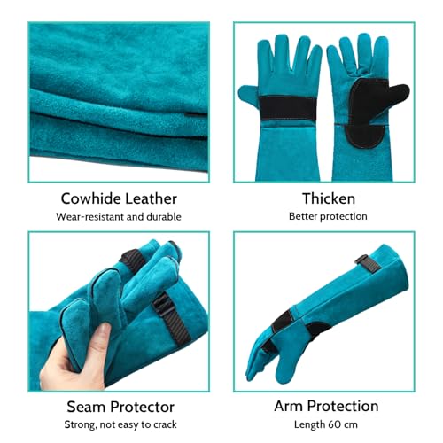 Animal Handling Gloves, Bite Proof for Cats, Scratch Resistant | for Dogs, Cats, Birds, Reptiles, Vet, Grooming & Wildlife Rescue, 23.6-inch Full Forearm, Thickened Leather, Fits Large Hands