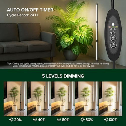 SANSI T10 Standing Grow Lights for Indoor Plants, Vertical Grow Light 4.4FT | PPFD 307 Plant Light 144 LEDs Full Spectrum, Adjustable Three-Stage, 5 Dimming, Timer 3/6/12h, 4000K, Wide Coverage Growth