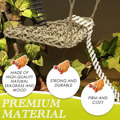 Hermit Crab Climbing Toys Set, Seagrass Hammocks Reptile Ladder Bridge Set Ornamental Fake Grass, Hermit Crab Habitat Tank Accessories, Also for Lizard Hamster Guinea Pig Rats