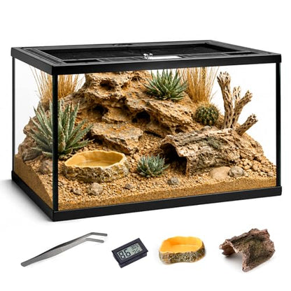 Reptile Glass Tank Starter Kit 16"x11"x11" Full View Reptile Terrarium for Leopard Gecko,Tarantula,Lizards,Spiders, Hermit Crabs,Frogs,Snake and Fish with Tank Accessories and Top Openning Door - size: 16"W x 11"D x 11"H