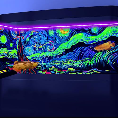 48X18IN Blacklight Vincent Van Gogh Black Light Aquarium Background, UV Fish Tank Background Art Star Oil Painting Terrarium Background with 10 EVA Double-Sided Tape - size: 48X18in/120X45cm