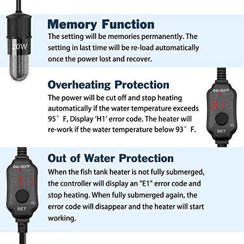 YOFOTHS Adjustable Mini Aquarium Heater, 20W for Tanks 2-4 Gallons | Fish Tank Heater, Digital Display Thermostat, External Temperature Controller - size: 20W