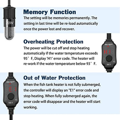 YOFOTHS Adjustable Mini Aquarium Heater, 20W for Tanks 2-4 Gallons | Fish Tank Heater, Digital Display Thermostat, External Temperature Controller - size: 20W