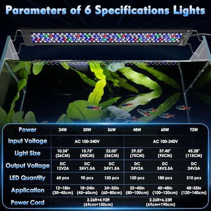 AQQA LED Aquarium Light, 24/7 Mode High Lumen Full Spectrum Fish Tank Light | DIY Mode, Adjustable Timer/Brightness, Extendable Bracket, Memory Function, IP68 Waterproof, Fits for 40–48 Inch Tanks - size: For 40'' - 48'' Tank
