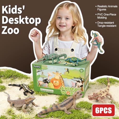 6PCS Large Lizard Figurines Rainforest Animal Toys, Realistic Plastic Reptile Animal Figurines, Includes Bearded Dragon,Fire Salamander,Chameleons,Coast Horned Lizard Toys, STEM Toy for Kids - style: 6PCS Lizards-2