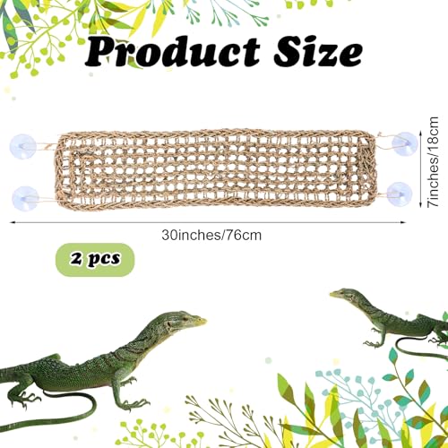 2 Pcs Bearded Dragon Hammock Reptile Lounger, Natural Seagrass Climbing Habitat Decor with Jungle Theme for Lizards, Geckos, Snakes, Iguanas, Amphibians and Terrarium