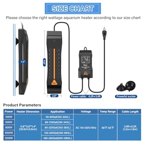 hygger Aquarium Heater 300W 500W 800W 1000W 1200W, Large Adjustable Fish Tank Heater with Intelligent Automatic Power-Off System, Water Heater with LED Digital Display, for Saltwater and Freshwater - size: 1000W for 130-260 Gallon