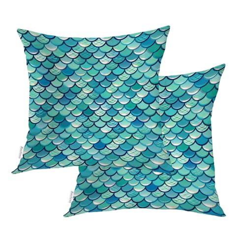 Turquoise Fish Scale Pattern Throw Pillow Covers, Blue Mermaid Scale Texture Cushion Cases Digital Blended Hidden Zipperl Decorative Pillow Covers Square 16X16 in 2 Pcs - color: Fish Scale 1 Blue03, size: 16" x 16" (Pack of 2)