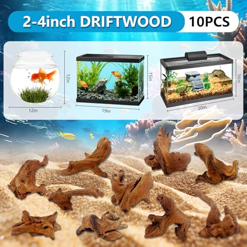 10 PCS Natural Aquarium Driftwood 2-4", Aquarium Drift Wood for Fish Tank Decoration, Assorted Size Mopani Wood Twisted Branches Trunk Decor for Freshwater, Reptile Terrarium - color: Mopani Driftwood 2-4in(10PCS)