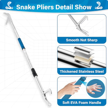 Snake Grabber Tool, 69" Snake Tongs Grabber for Rattlesnake Heavy Duty Professional Folding Snake Feeding Tongs Wide Jaw Snake Handling Tool Long Hndle Stainless Steel Tube Sponge Handle