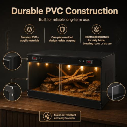 Reptile Tank Terrarium 39.4 x 19.7 x 19.7 in, Dual Digital Temperature Control PVC Reptile Enclosure with Semi-Clear Front Window & E27 Lamp Holders for Geckos, Snakes, Turtles, Bearded Dragons, Black
