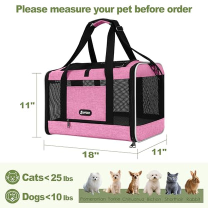 GAPZER Cat Carrier 18x11x11 Delta Airline Approved, Pet Plane Travel Crate | Soft Teacup Dog Bag 12 lbs, Yorkie Taxi Kennel Easy Load, Carrying Case for Kitten Cat up to 15 pound, Toy Poodle Mesh Cage - color: Pink