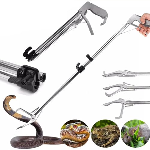 52“ Snake Tongs Collapsible Grabber, Professional Reptile Snake Catcher Wide Jaw Handling Tool, Stainless Steel Snake Hook