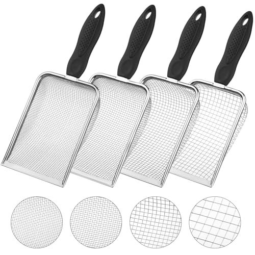 4-Pack Stainless Steel Soil Sifter Set with Handle, Multi-Mesh Garden Sifter for Compost, Sand, Rocks - Gardening Tool & Reptile Sand Scoop for Litter Cleaning, Beach Shell Sifting