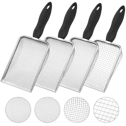 4-Pack Stainless Steel Soil Sifter Set with Handle, Multi-Mesh Garden Sifter for Compost, Sand, Rocks - Gardening Tool & Reptile Sand Scoop for Litter Cleaning, Beach Shell Sifting