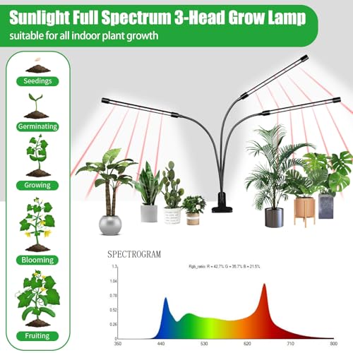 3 Head Grow Lights for Indoor Plants, Upgrade 126 LEDs Clip Plant Lights, Full Spectrum Red White LED Plant Growing Lamps with Flexible Gooseneck, 3/9/12H Timer, 3 Spectral Modes, 10 Dimmable Levels - size: 3 Head 1 Pack