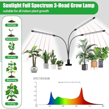3 Head Grow Lights for Indoor Plants, Upgrade 126 LEDs Clip Plant Lights, Full Spectrum Red White LED Plant Growing Lamps with Flexible Gooseneck, 3/9/12H Timer, 3 Spectral Modes, 10 Dimmable Levels - size: 3 Head 1 Pack