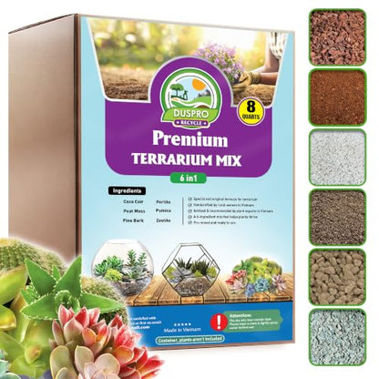 6-in-1 Terrarium Soil Mix, Pre-Mixed & Ready to Use, 8QT | Terrarium Substrate Mix with Coco Coir, Peat Moss, Pine Bark, Perlite, Pumice & Zeolite for Balanced Moisture & Airflow