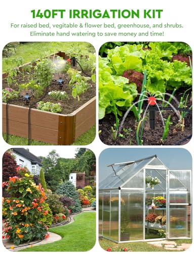 Drip Irrigation System, 40FT 1/2" Mainline & 100FT 1/4" Tubing, with Adjustable Drip Emitters Misting Sprinkler, Efficient Sprinkler System Kit for Flower Bed, Raised Bed, Greenhouse, Lawn - size: 140 FT