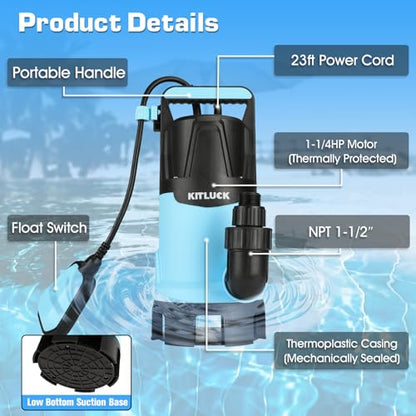 KITLUCK Submersible Water Pump, 1-1/4HP 4500GPH High Flow Sump Pump with Float Switch, 23ft Power Cord, Portable Utility Water Pump for Swimming Pool, Garden Pond, Flood Basement, Tub Water Removal - style: 1-1/4 Submersible Pump