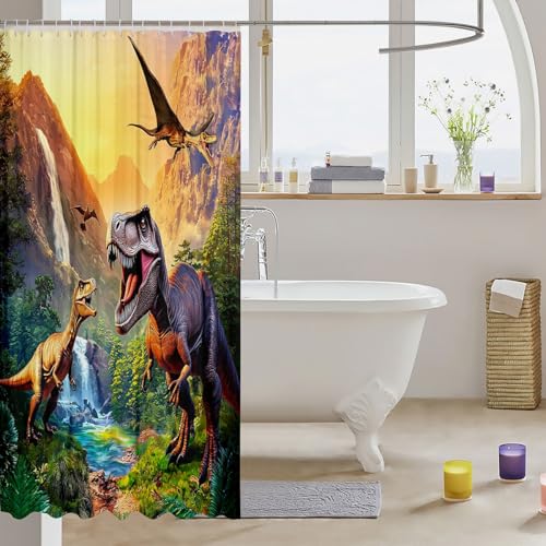 Erosebridal 3D Cartoon Dinosaur Shower Curtain for Kids Boys Adult Bathroom 72" Wx87 L Cool Ancient Animal Dino Jungle Fabric with 12 Hooks - color: Dinosaur, size: 72"W x 84"L (Pack of 1)