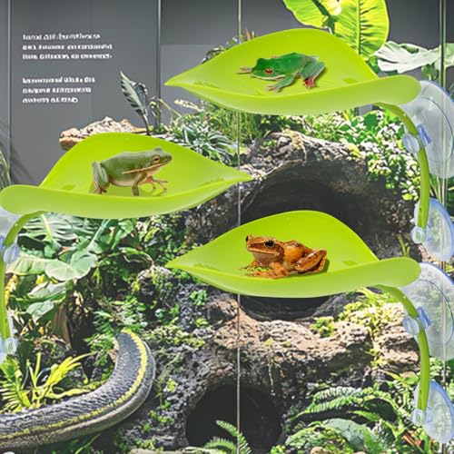 3PCS Leaf Decorations with Suction Cups, Frog Habitat for Terrarium Decor, Reptile Tank Accessories for African Dwarf Frog Top Water Frog Dart Frog Tree Frog (Green)