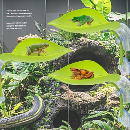 3PCS Leaf Decorations with Suction Cups, Frog Habitat for Terrarium Decor, Reptile Tank Accessories for African Dwarf Frog Top Water Frog Dart Frog Tree Frog (Green)