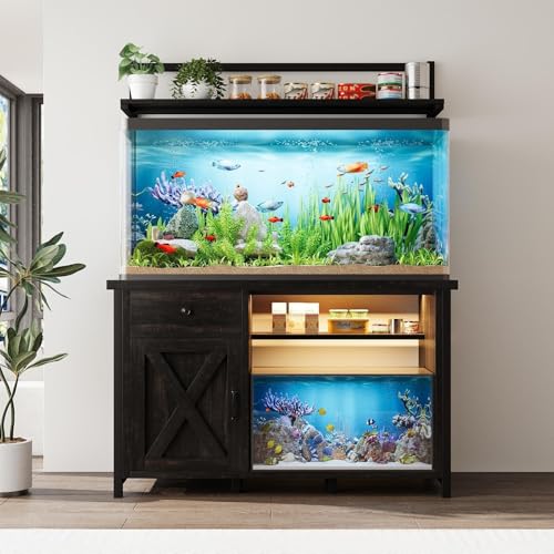 55-75 Gallon Fish Tank Stand with Storage, Aquarium Stand with Shelf, Oak | 49.2 x 19.7 In Top, Upper Shelf, LED Light, 2 Outlets, 2 USB Ports, Metal Frame Support, Turtle Tank Stand, 1100 LBS - color: Oak